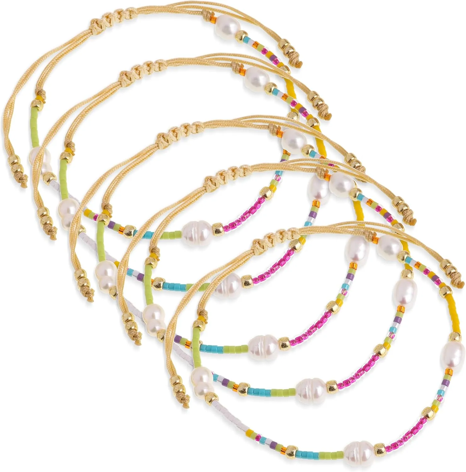 Colorful Boho Seed Bead Pearl Stack Bracelets Set for Women, 5Pcs Cute Adjustable Stackable Handmade Friendship Strand Bracelets Jewelry Gift
