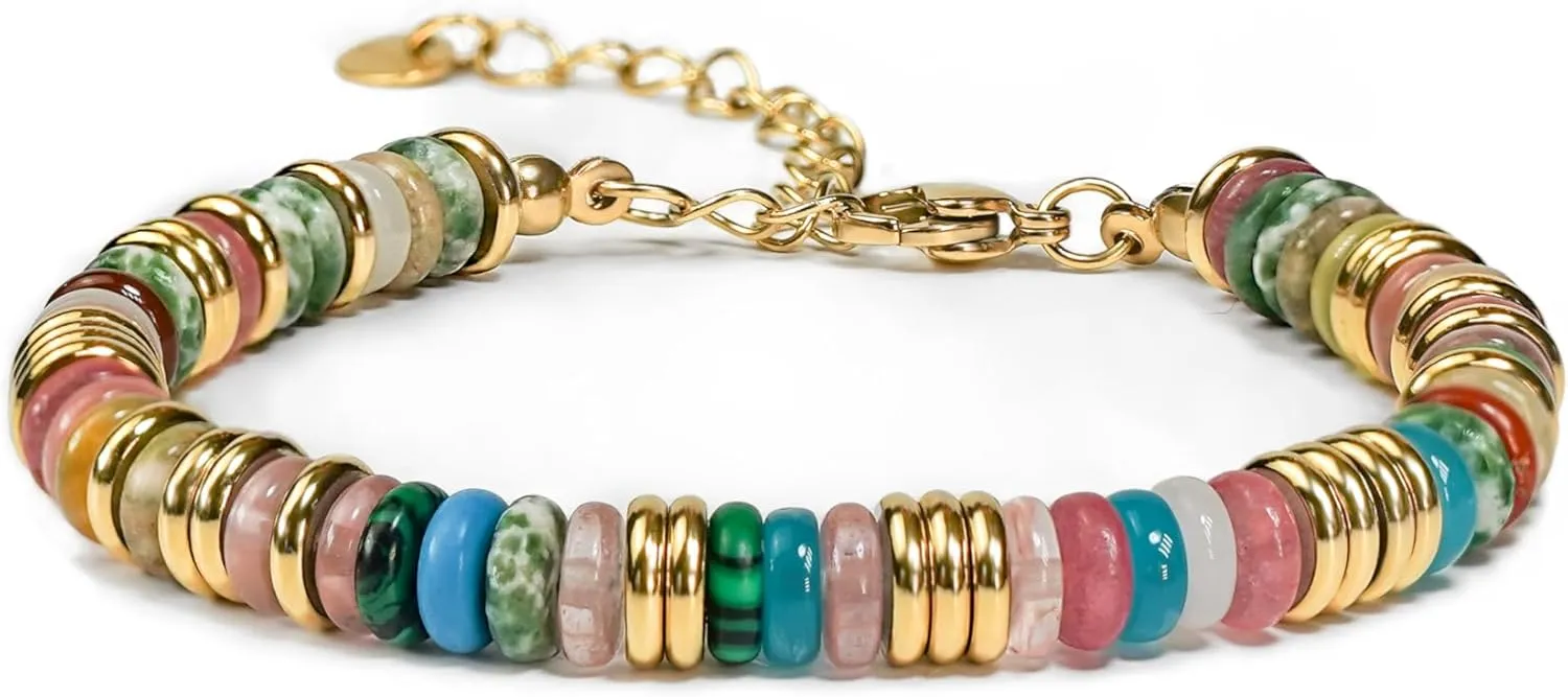 Colorful Gold Rainbow Bracelets for Women, Stack Bangle Beaded Stone Jewelry Accessories Set for Woman, Trendy Fashion Jewelry Gifts