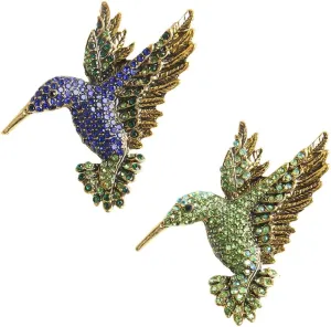 Comidox 2Pcs Hummingbird Brooch Pin Crystal Rhinestone Animal Bird Women Garment Scarf Accessory Vintage Green Blue