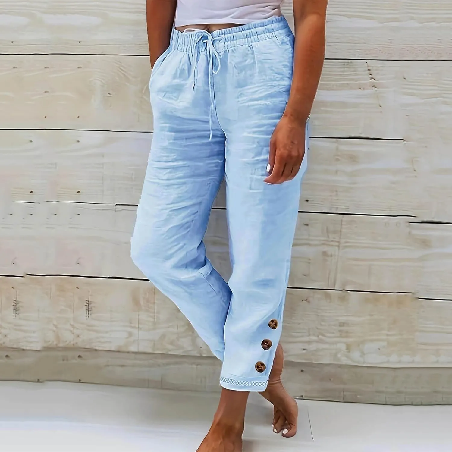 Cotton Linen Straight Leg Pants for Women Casual Drawstring Elastic Waist Trousers with Pockets Summer Lounge Pant