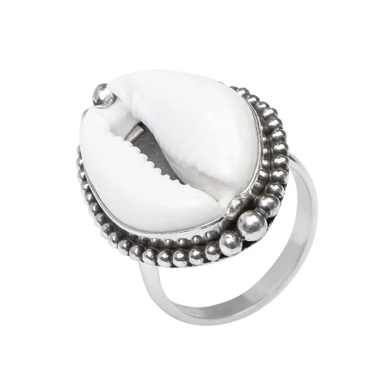 Cowrie Ring For Women Girls, 925 Sterling Silver Cowrie Ring, Natural Beach Shell Ring, Hammered Jewelry Christmas Ring Size US 9