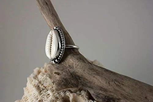 Cowrie Ring For Women Girls, 925 Sterling Silver Cowrie Ring, Natural Beach Shell Ring, Hammered Jewelry Christmas Ring Size US 9