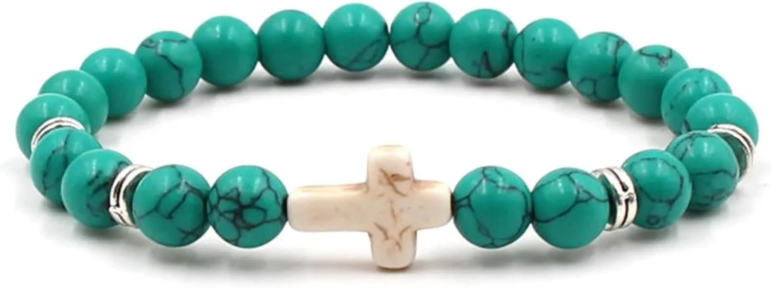 Cross Bead Bracelet, Turquoise Bracelet Prayer Beads Crystal Green Alloy Cross 19cmx8mm Nature Stones for Valentines Day Beaded Bracelet for Women