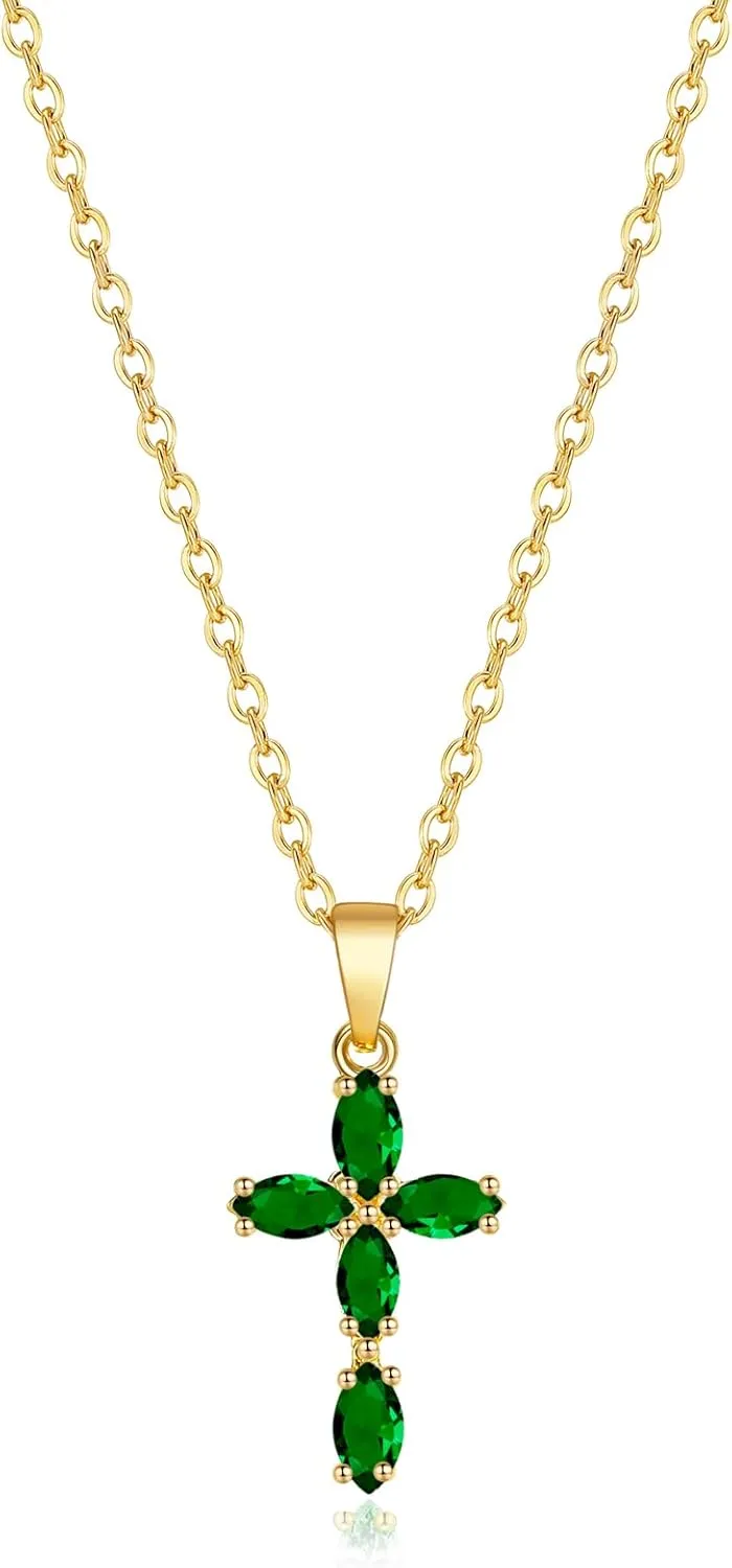 Cross Necklace for Women, 14K Gold Plated Birthstone Necklaces Cubic Zirconia Cross Pendant Necklace Dainty Gold Jewelry Gifts