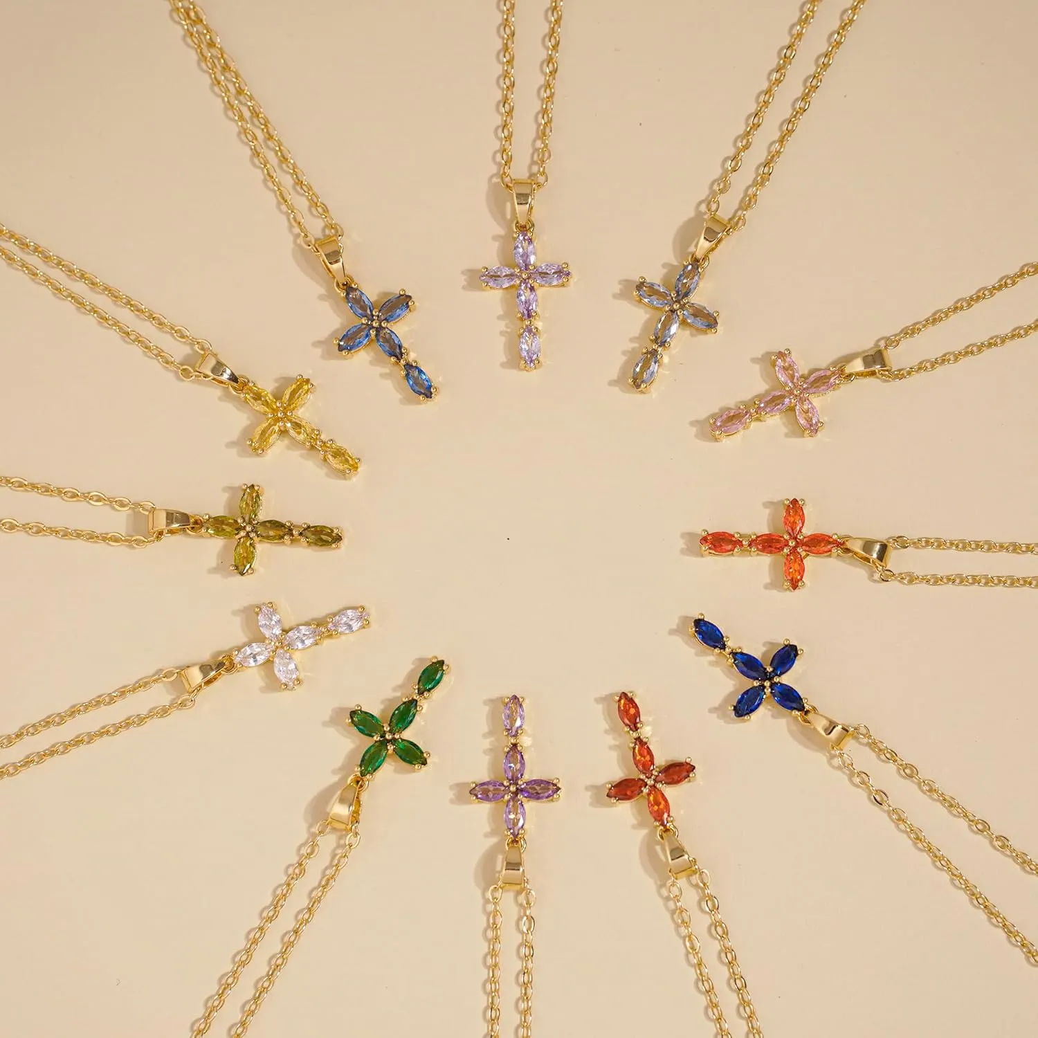 Cross Necklace for Women, 14K Gold Plated Birthstone Necklaces Cubic Zirconia Cross Pendant Necklace Dainty Gold Jewelry Gifts