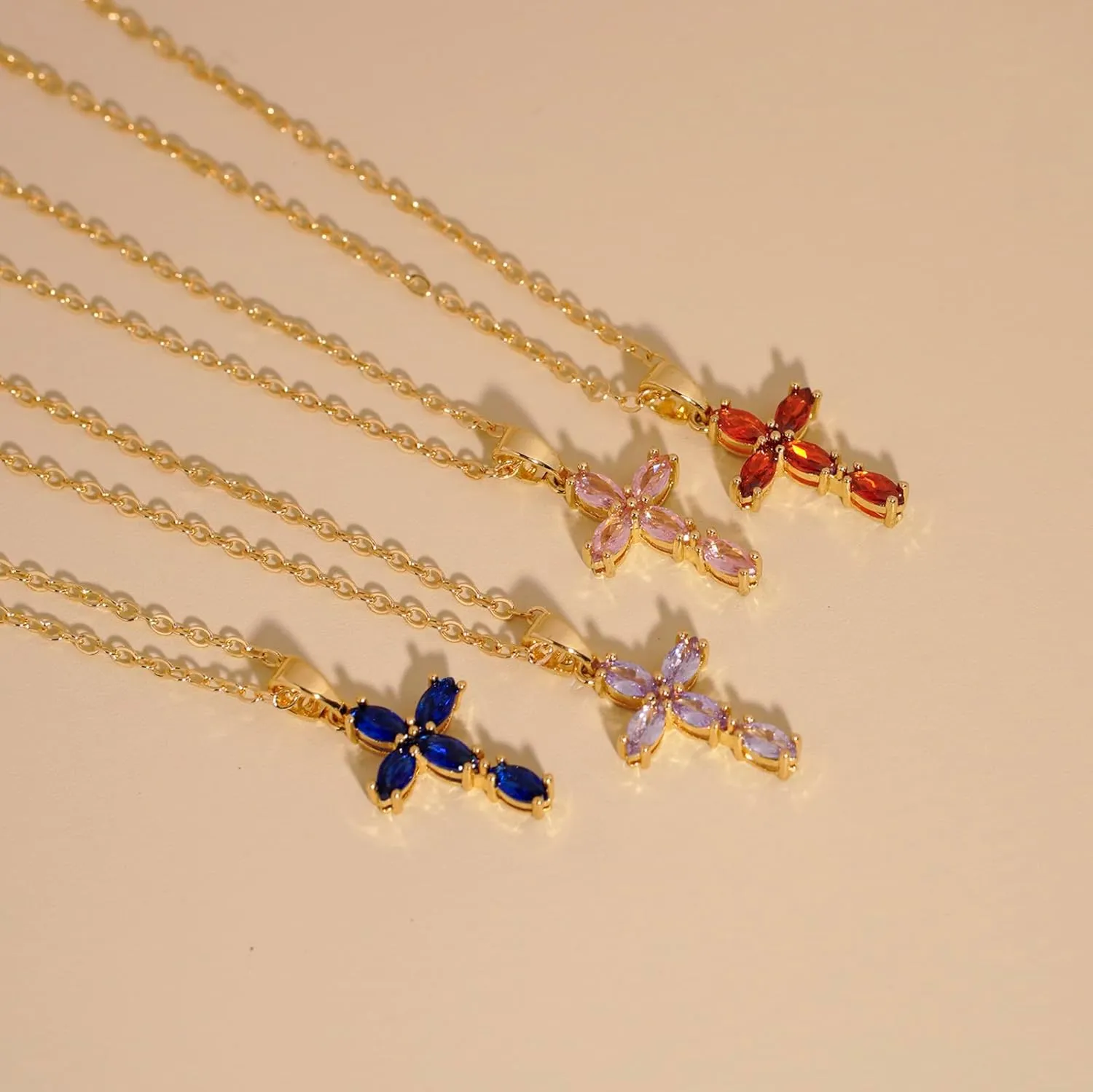 Cross Necklace for Women, 14K Gold Plated Birthstone Necklaces Cubic Zirconia Cross Pendant Necklace Dainty Gold Jewelry Gifts