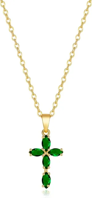 Cross Necklace for Women, 14K Gold Plated Birthstone Necklaces Cubic Zirconia Cross Pendant Necklace Dainty Gold Jewelry Gifts