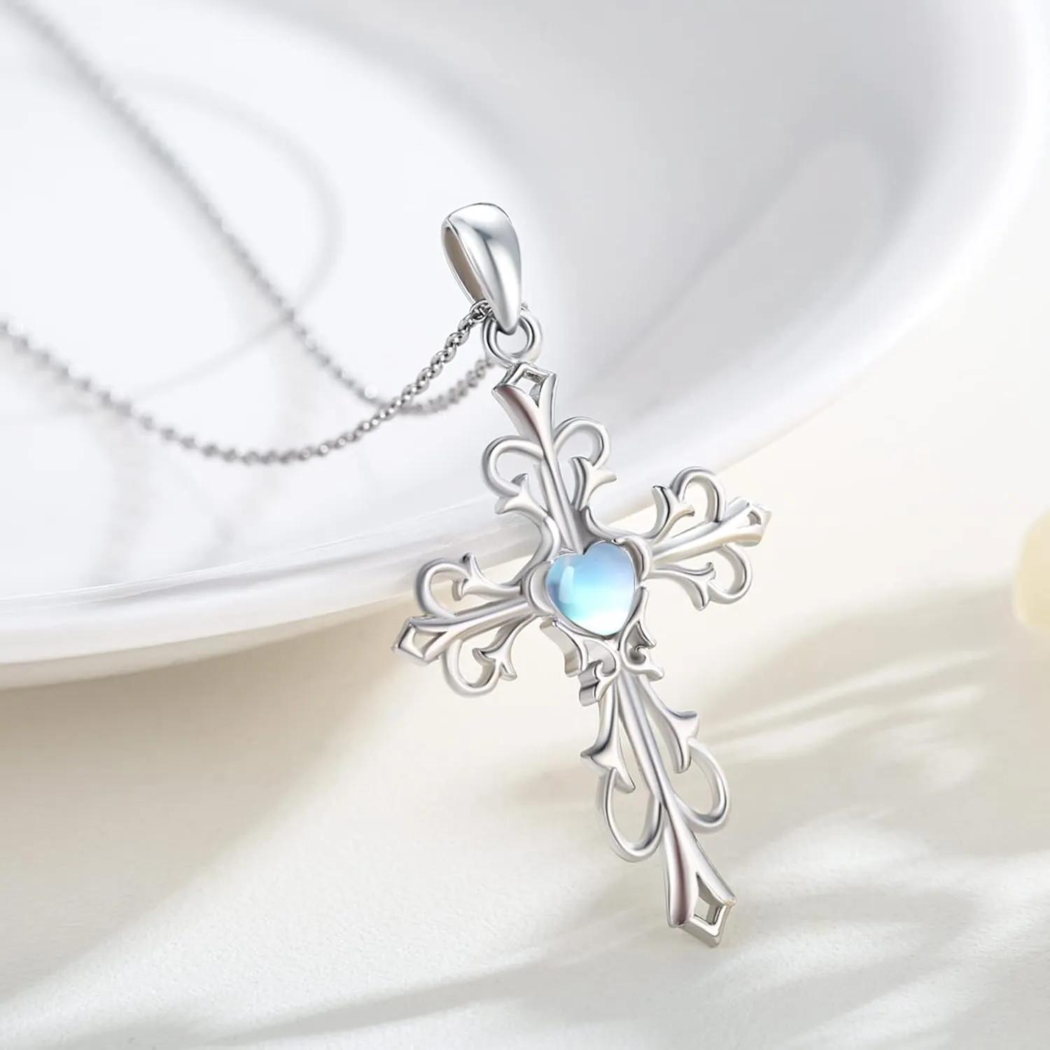 Cross Necklace for Women 925 Sterling Silver Cross Pendant Necklace with Moonstone/Birthstone Necklace Irish Cross Jewelry Gift for Women