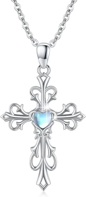 Cross Necklace for Women 925 Sterling Silver Cross Pendant Necklace with Moonstone/Birthstone Necklace Irish Cross Jewelry Gift for Women