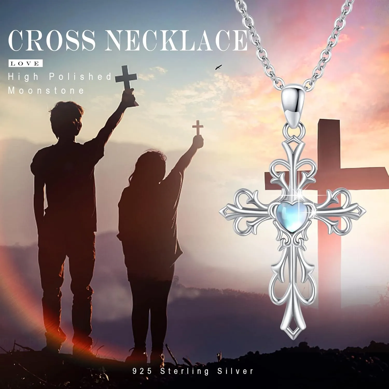 Cross Necklace for Women 925 Sterling Silver Cross Pendant Necklace with Moonstone/Birthstone Necklace Irish Cross Jewelry Gift for Women