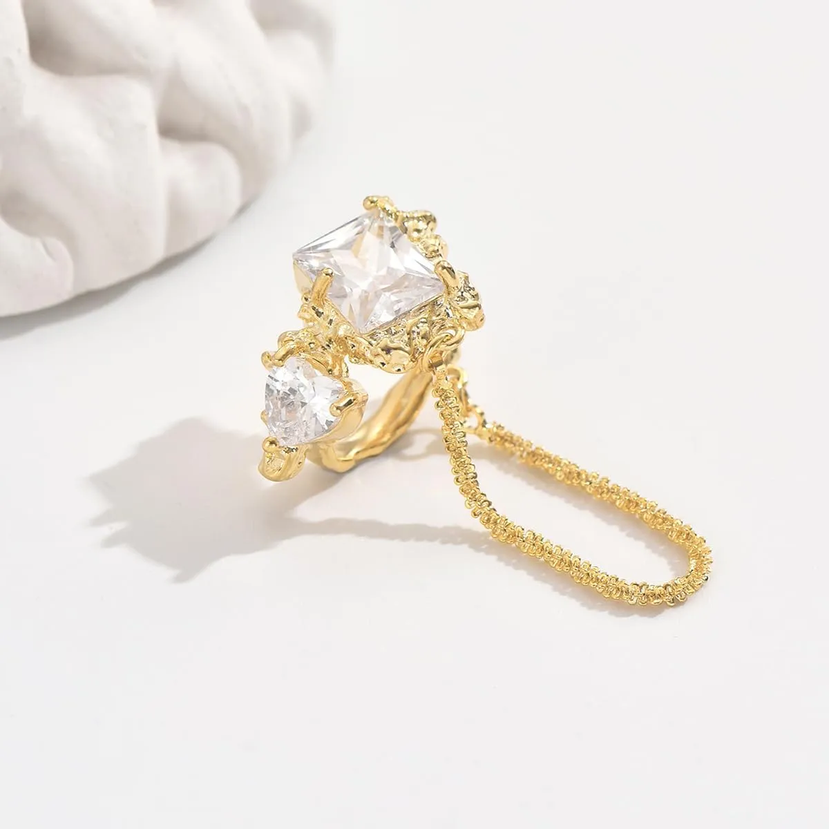 Crystal Ear Cuff with Dangling Chain, Silver Plated, Rhinestone Ear Wrap
