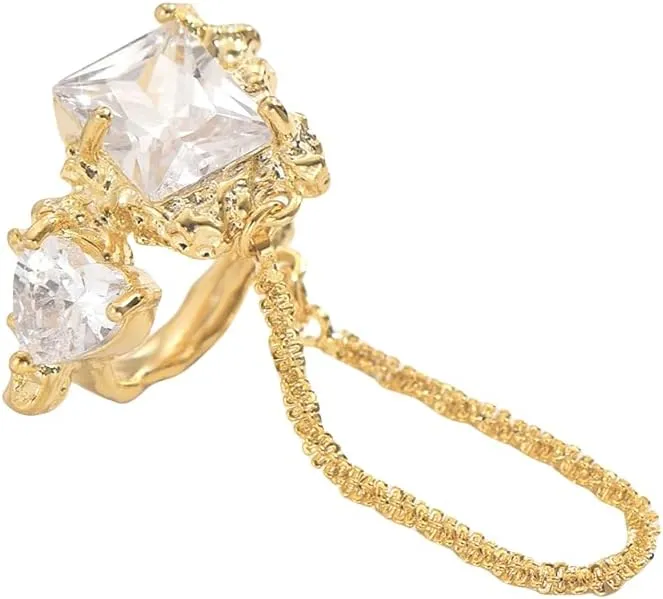 Crystal Ear Cuff with Dangling Chain, Silver Plated, Rhinestone Ear Wrap