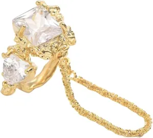 Crystal Ear Cuff with Dangling Chain, Silver Plated, Rhinestone Ear Wrap