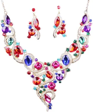 Crystal Flower Rib Statement Necklace Rhinestone Vintage Chucky Necklace and Dangle Earrings Jewerly Set