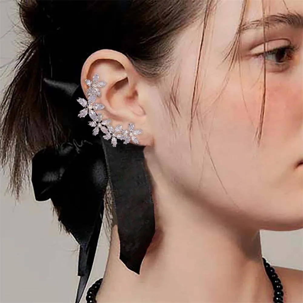 Cubic Zirconia Flower Ear Cuffs Earrings for Women Large Floral Rhinestone Stud Statement Earrings Wrap Clip On Huggie Hoop Bridal Wedding Party Ear Jewelry