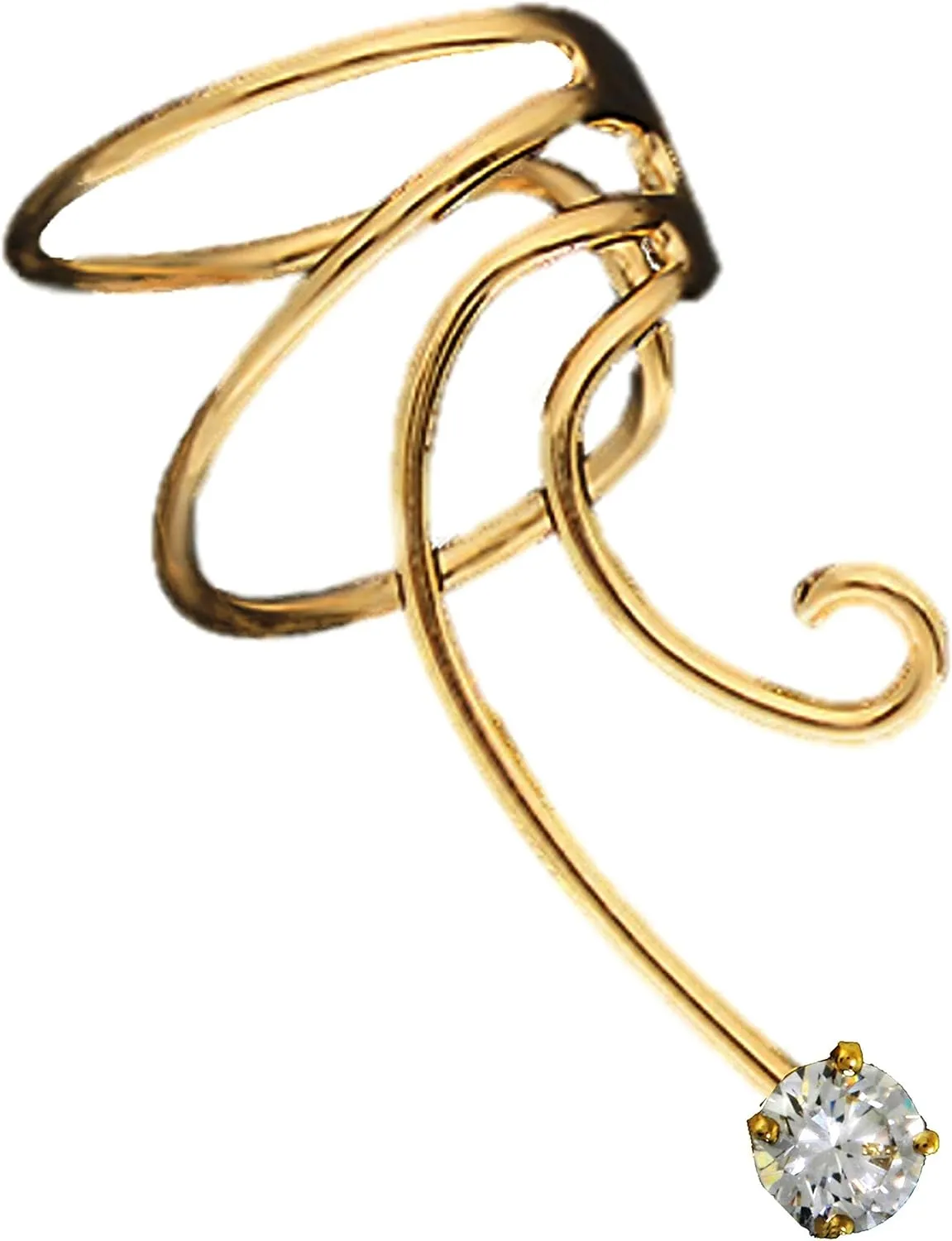 Cubic Zirconia Gold On Sterling Non-Pierced Right Wave Ear Cuff Earring