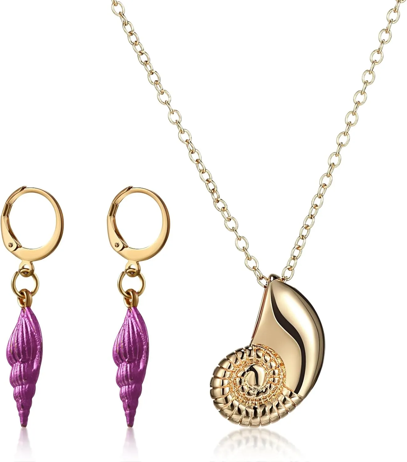 Cunno Women Mermaid Gold Shell Necklace and Purple Seashell Earrings for Role Play, Sea Witch Necklace and Dangle Drop Earrings Beach Sea Witch Jewelry Set for Halloween