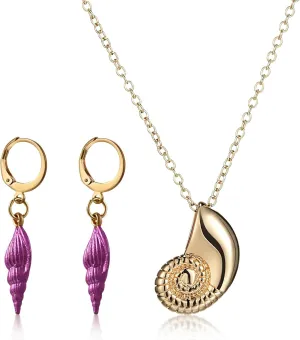 Cunno Women Mermaid Gold Shell Necklace and Purple Seashell Earrings for Role Play, Sea Witch Necklace and Dangle Drop Earrings Beach Sea Witch Jewelry Set for Halloween