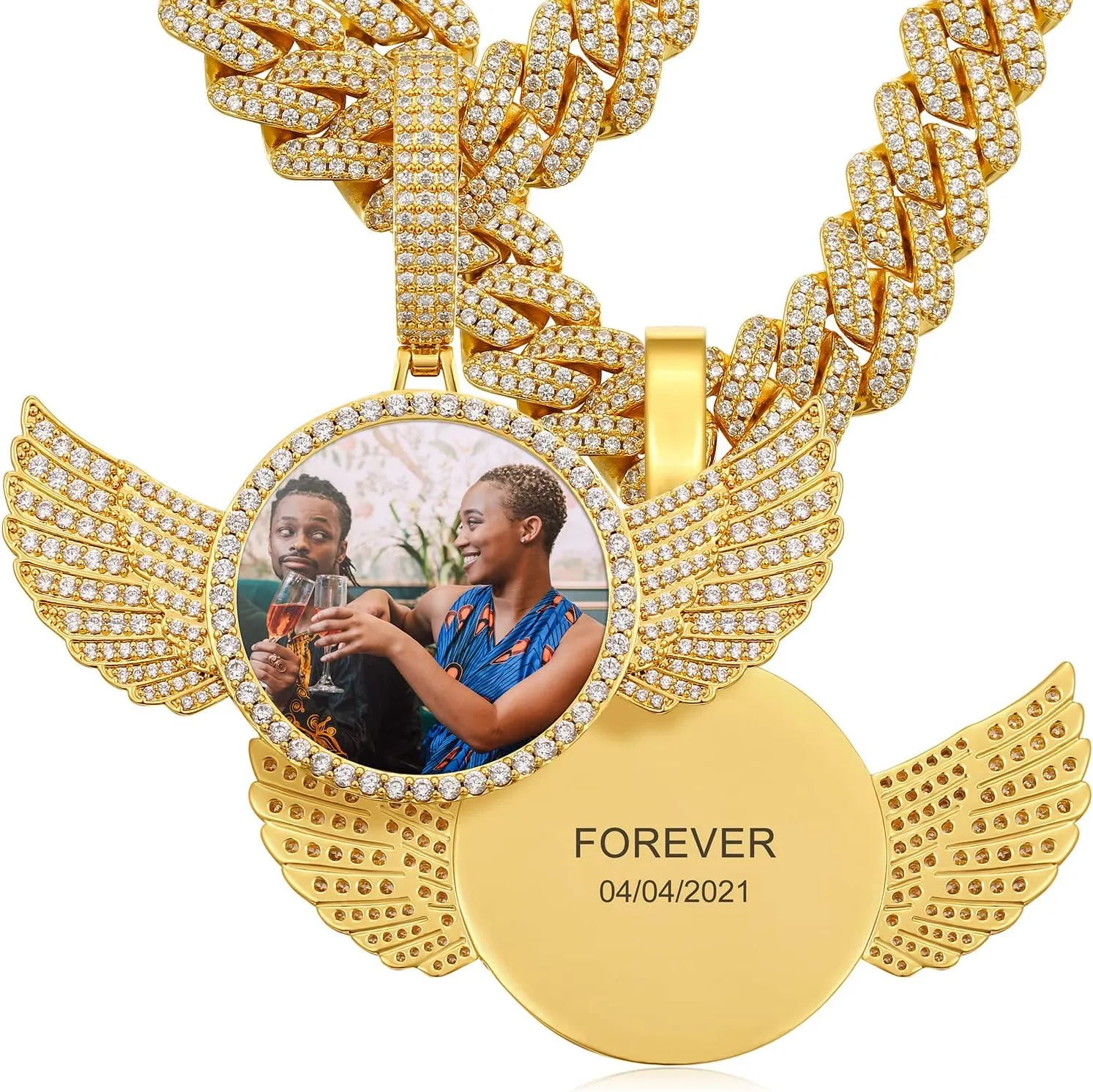 Custom Picture Necklace Personalized Photo Engraved Pendant With 13mm Cuban Link Chain Customized Memory Picture Chains Iced Out Photo Medallion Name Necklace Hip Hop Custom Jewelry For Men Women