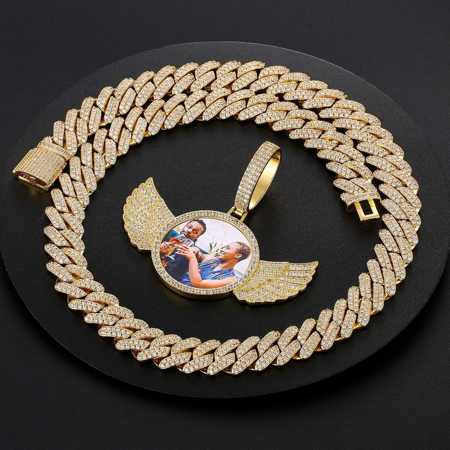 Custom Picture Necklace Personalized Photo Engraved Pendant With 13mm Cuban Link Chain Customized Memory Picture Chains Iced Out Photo Medallion Name Necklace Hip Hop Custom Jewelry For Men Women