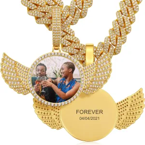 Custom Picture Necklace Personalized Photo Engraved Pendant With 13mm Cuban Link Chain Customized Memory Picture Chains Iced Out Photo Medallion Name Necklace Hip Hop Custom Jewelry For Men Women