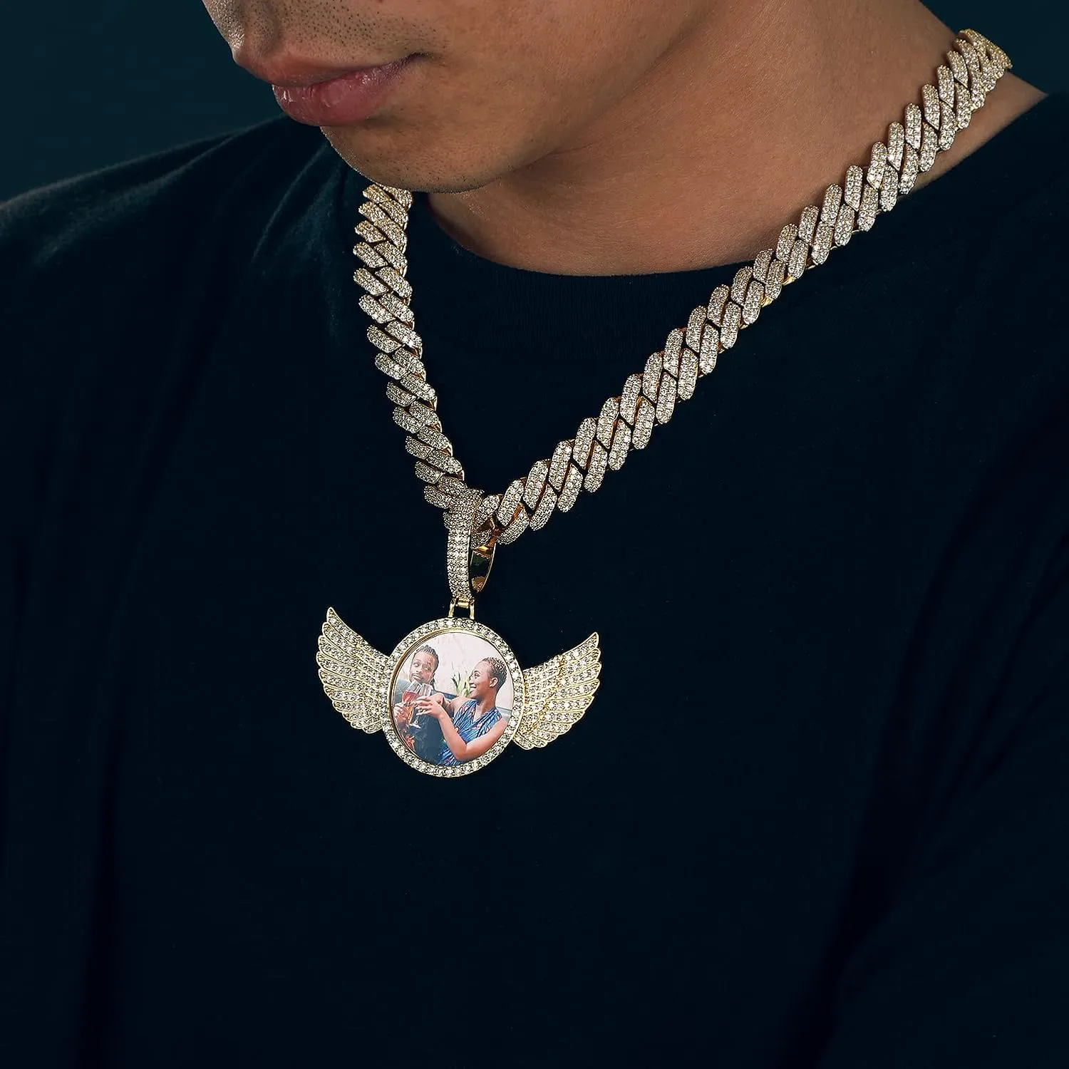 Custom Picture Necklace Personalized Photo Engraved Pendant With 13mm Cuban Link Chain Customized Memory Picture Chains Iced Out Photo Medallion Name Necklace Hip Hop Custom Jewelry For Men Women