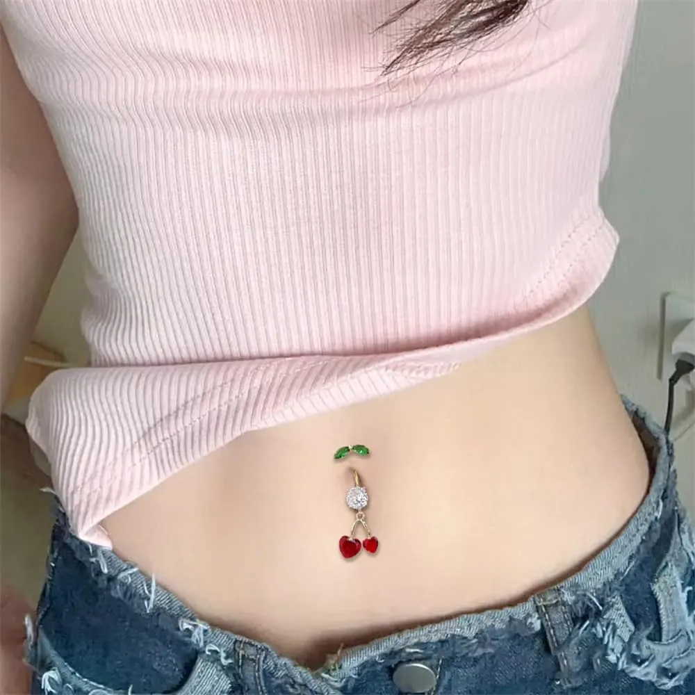 Cute 316L Surgical Steel CZ Cherry Dangle Belly Button Ring 14G Crystal Cherry Belly Navel Rings Navel Curved Barbell Dangling Body Piercing Jewelry 3/8 Inch