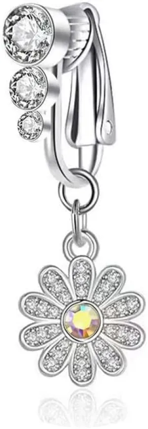 Cute CZ Daisy Flower Fake Belly Button Rings for Women Dainty Non Piercing Clip-On Dangle Belly Navel Rings Dangling Fake Belly Jewelry