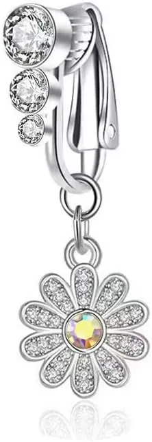 Cute CZ Daisy Flower Fake Belly Button Rings for Women Dainty Non Piercing Clip-On Dangle Belly Navel Rings Dangling Fake Belly Jewelry