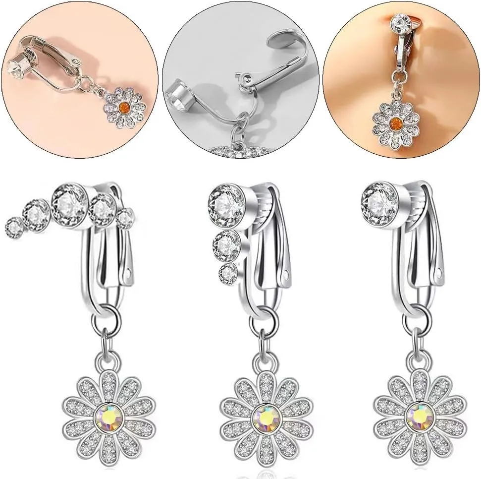 Cute CZ Daisy Flower Fake Belly Button Rings for Women Dainty Non Piercing Clip-On Dangle Belly Navel Rings Dangling Fake Belly Jewelry