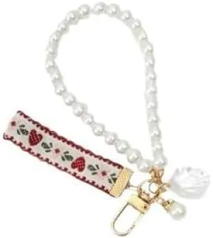 Cute Women's Imitation Pearl Chain Key Chain Girl Heart Strawberry Lace Ribbon Car Pearl Key Ring Charm Pendant Bag Hanging for Home Car Keys Key Women Keyrings and Keychains