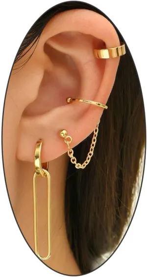 Dainty 14K Gold Plated Chain Tassel Dangling Earrings Set - Multiple Piercing Thread Style-Gold Huggie Dangle Hoop Earrings -Trendy Irregular Ear Cuff Statement Jewelry for Women