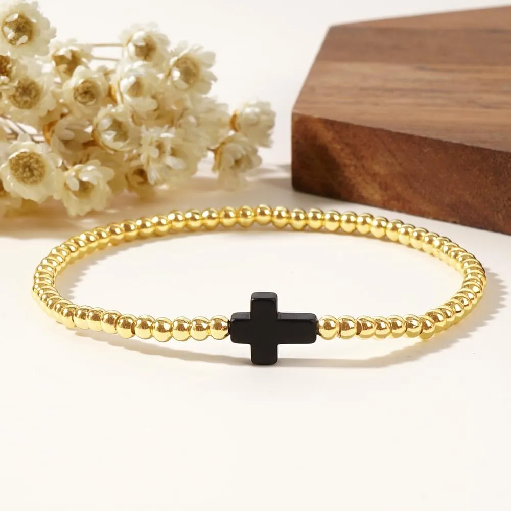 Dainty Gold Plated Beaded Stretch Bracelet for Women, Handmade Boho Colorful Cross Fashion Jewelry Gift Friendship