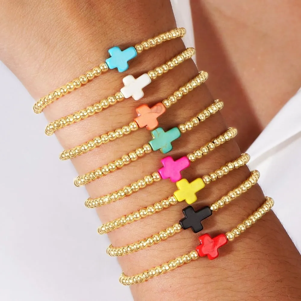 Dainty Gold Plated Beaded Stretch Bracelet for Women, Handmade Boho Colorful Cross Fashion Jewelry Gift Friendship