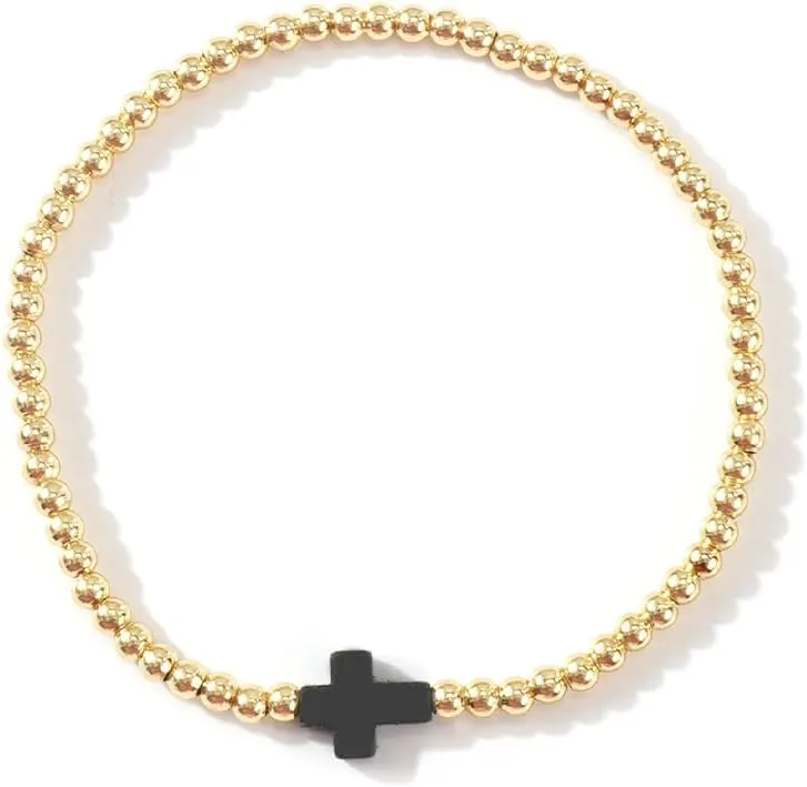 Dainty Gold Plated Beaded Stretch Bracelet for Women, Handmade Boho Colorful Cross Fashion Jewelry Gift Friendship