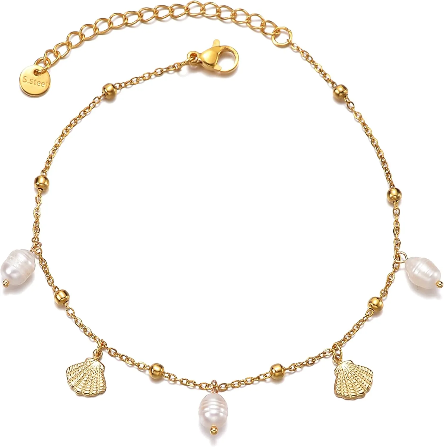 Dainty Gold Shell Pearl Charm Ankle Bracelet for Women Trendy non-Tarnish Adjustable Anklet Summer Beach Fashion Jewelry Gift