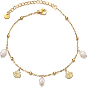Dainty Gold Shell Pearl Charm Ankle Bracelet for Women Trendy non-Tarnish Adjustable Anklet Summer Beach Fashion Jewelry Gift