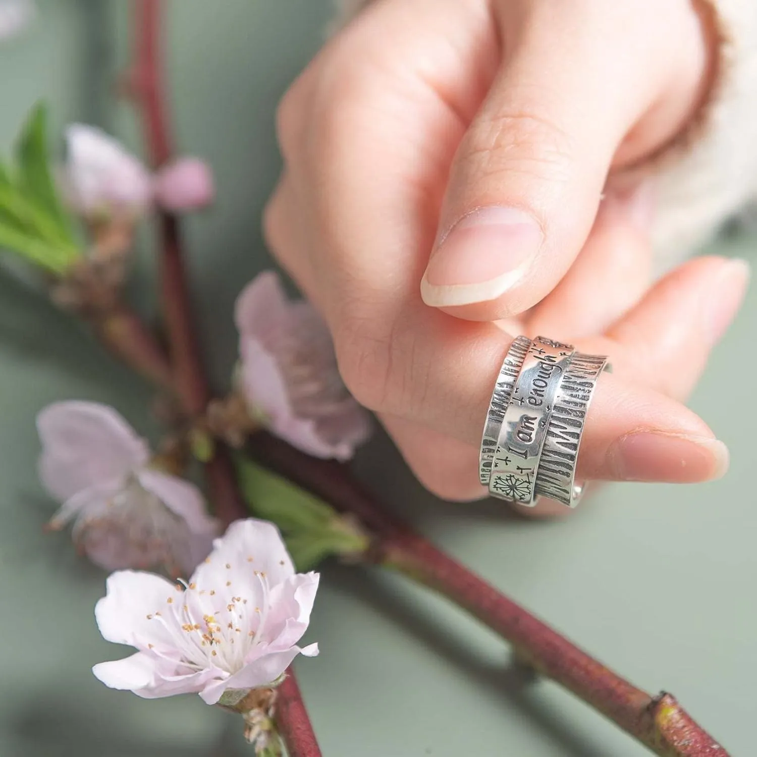 Dandelion Flower Spinner Ring for Women Men I am enough Statement Vintage Anti Anxiety Fidget Rotate Freely Inspirations Stress Relief Stacking Middle Finger Band Fashion Personalized Jewelry Gifts Birthday Xmas