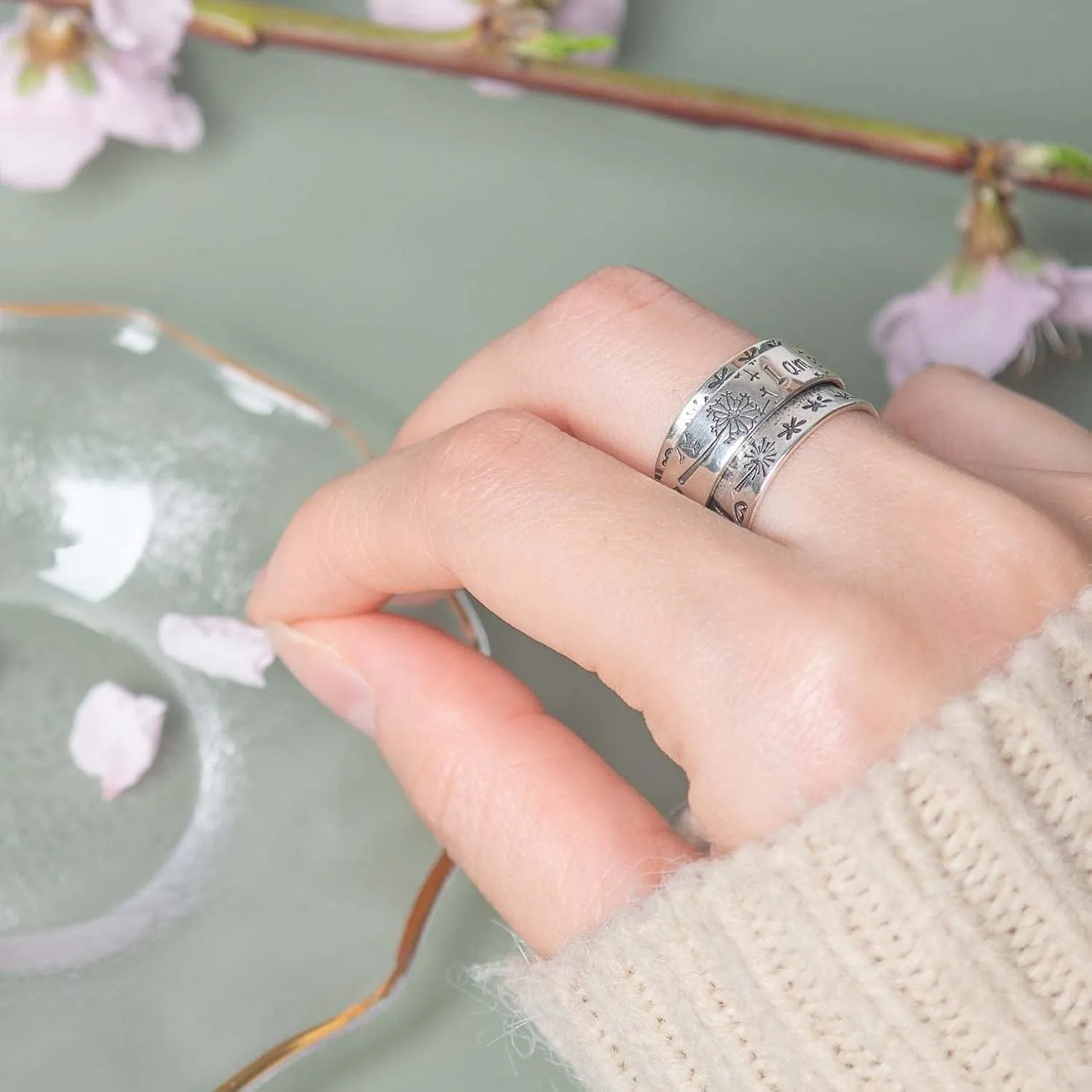 Dandelion Flower Spinner Ring for Women Men I am enough Statement Vintage Anti Anxiety Fidget Rotate Freely Inspirations Stress Relief Stacking Middle Finger Band Fashion Personalized Jewelry Gifts Birthday Xmas