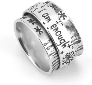 Dandelion Flower Spinner Ring for Women Men I am enough Statement Vintage Anti Anxiety Fidget Rotate Freely Inspirations Stress Relief Stacking Middle Finger Band Fashion Personalized Jewelry Gifts Birthday Xmas