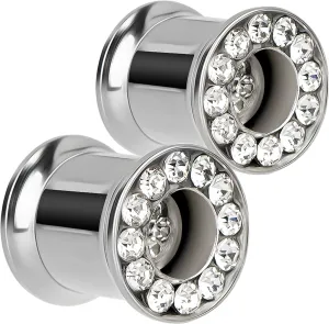 Diamond Gauges Rhinestone Plugs Crystal Tunnels for Ears, Stainless Steel Double Halo Ear Tunnel Diamond Plugs Screw Back Gauges Earrings for Women Men (Silver, 1 Pair)
