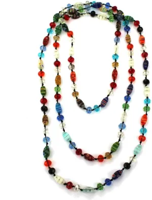 DOLON 60 Inch Waterproof Hand Knotted by Colorful Rainbow Murano Glass Crystal Beads Statement Strand Long Necklace Versatile Multi Layer