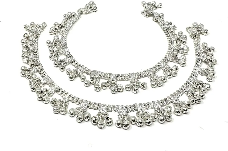 Duel On Jewel Indian Ethnic Womens Jhanjar Payal Anklet Pair with Small Metal Bead Dangle Charm Clusters, Soft Bells, Silver Finish, 10-Inch, Perfect for Bridal, Dance, Wedding, Party, Beach, Gifts