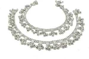Duel On Jewel Indian Ethnic Womens Jhanjar Payal Anklet Pair with Small Metal Bead Dangle Charm Clusters, Soft Bells, Silver Finish, 10-Inch, Perfect for Bridal, Dance, Wedding, Party, Beach, Gifts