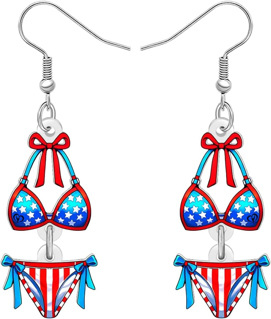 DUOWEI Acrylic Funny 4th of July Patriotic USA Earrings Red White and Blue Bikini Dangle Earrings American Flag Jewelry Gifts for Women Beach Lovers Pool Party
