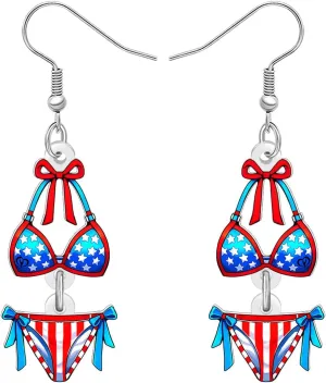 DUOWEI Acrylic Funny 4th of July Patriotic USA Earrings Red White and Blue Bikini Dangle Earrings American Flag Jewelry Gifts for Women Beach Lovers Pool Party