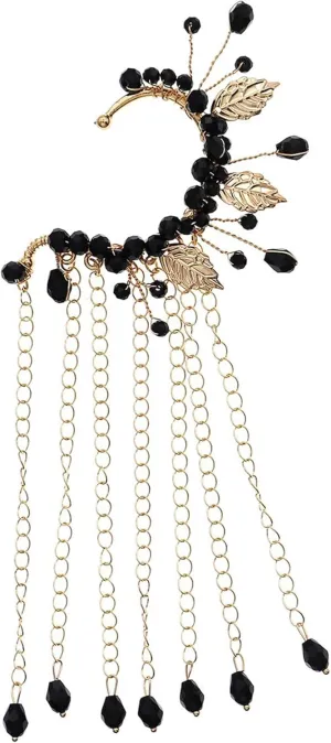 Ear Cuffs Earrings for Women Non Piercing Hypoallergenic Dainty Black and Gold Leaf Tassel Earrings