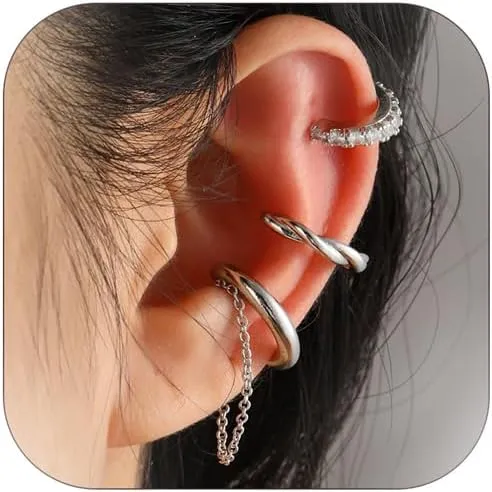 Earcuff Set 3pcs Gold Silver Earrings Dainty Chain Sparkling Earrings for Women Men Trendy Jewelry