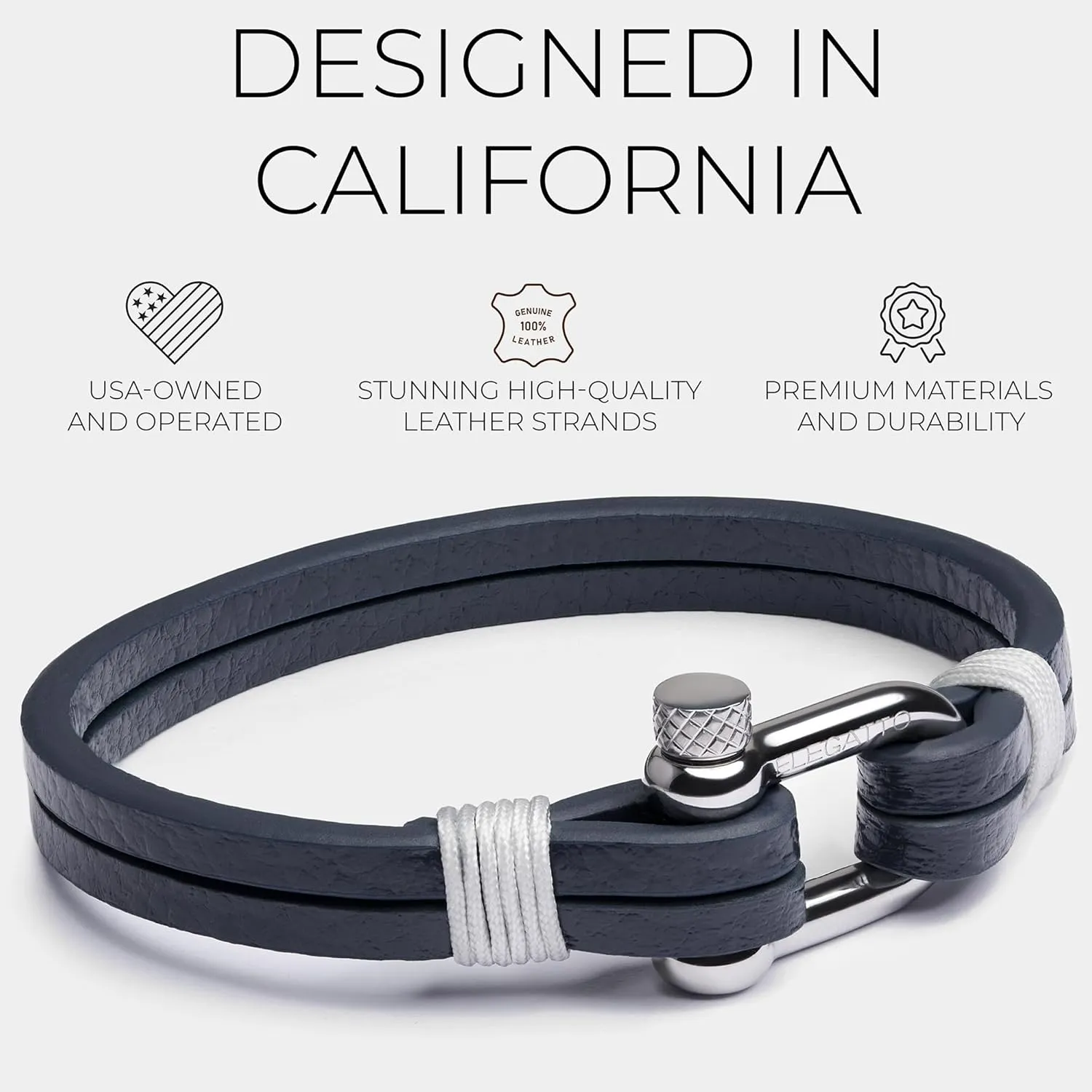 Elegatto Kellmore Premium Leather Bracelet for Men | Double Full-Grain Leather with Silver Polished Stainless Steel Shackle Closure | Mens Designer Bracelet