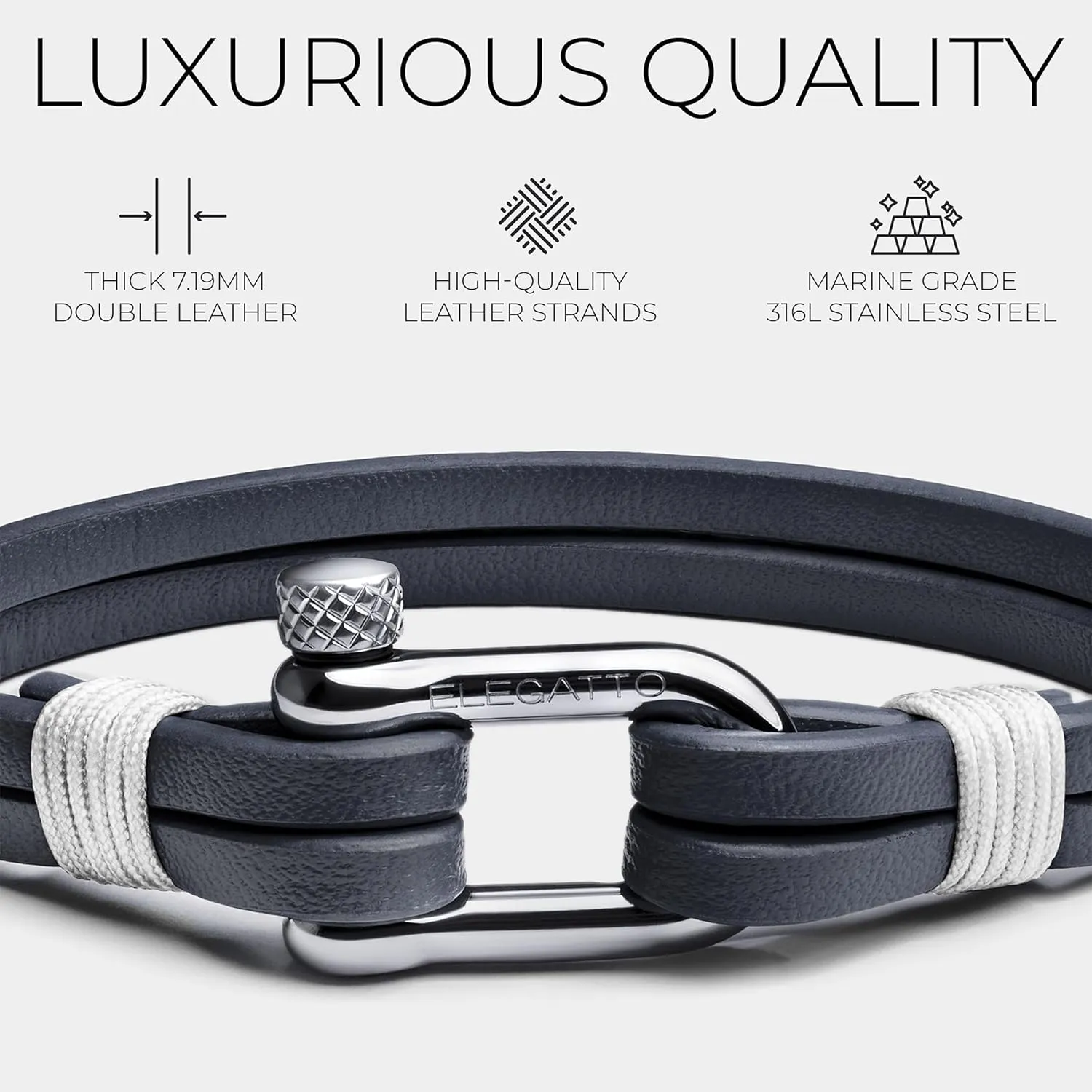 Elegatto Kellmore Premium Leather Bracelet for Men | Double Full-Grain Leather with Silver Polished Stainless Steel Shackle Closure | Mens Designer Bracelet